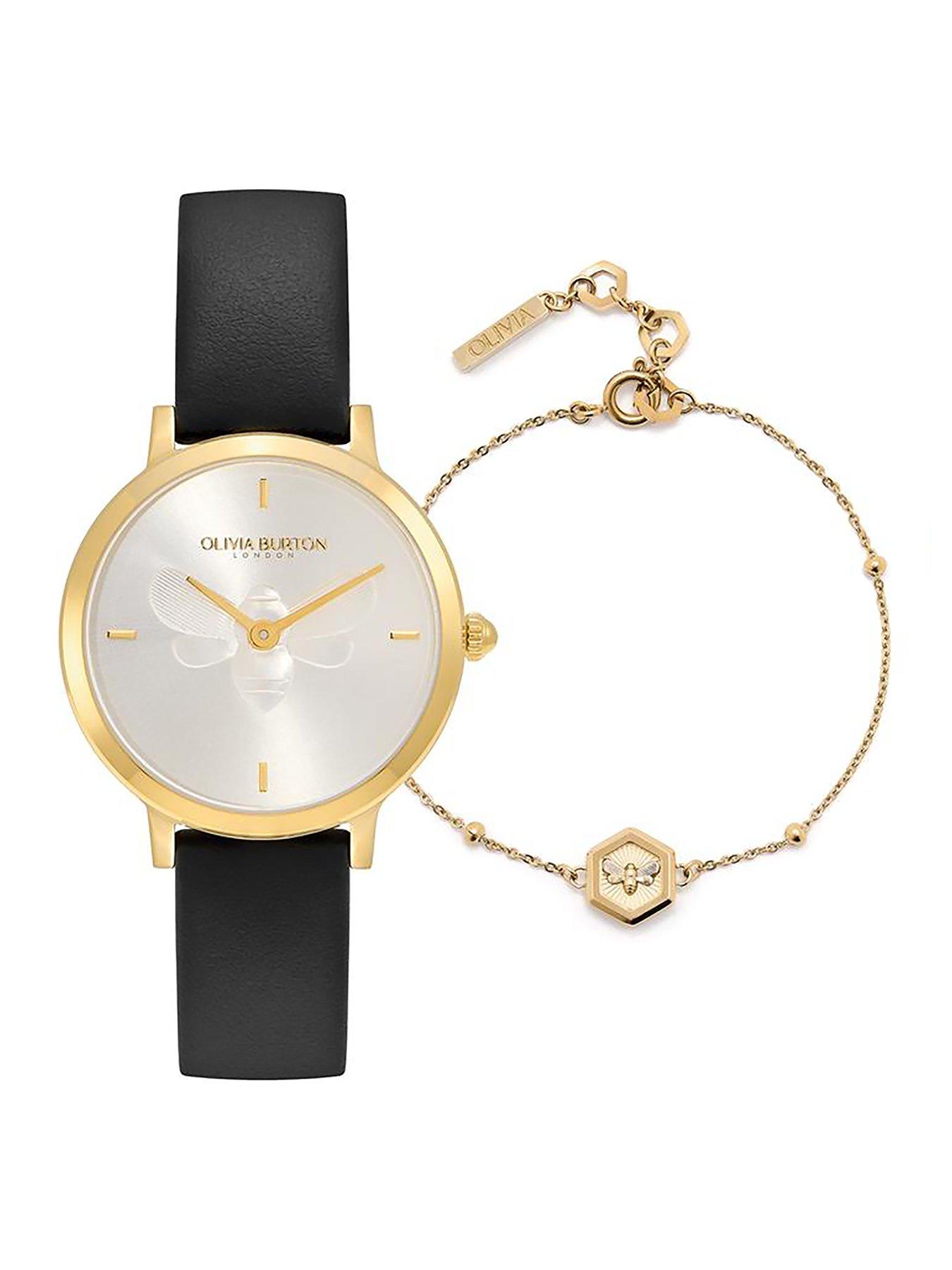 Product photograph of Olivia Burton 28mm Bee Ultra Slim Gold Amp Black Leather Strap Watch Amp Minima Bee Bracelet Gift Set from very.co.uk