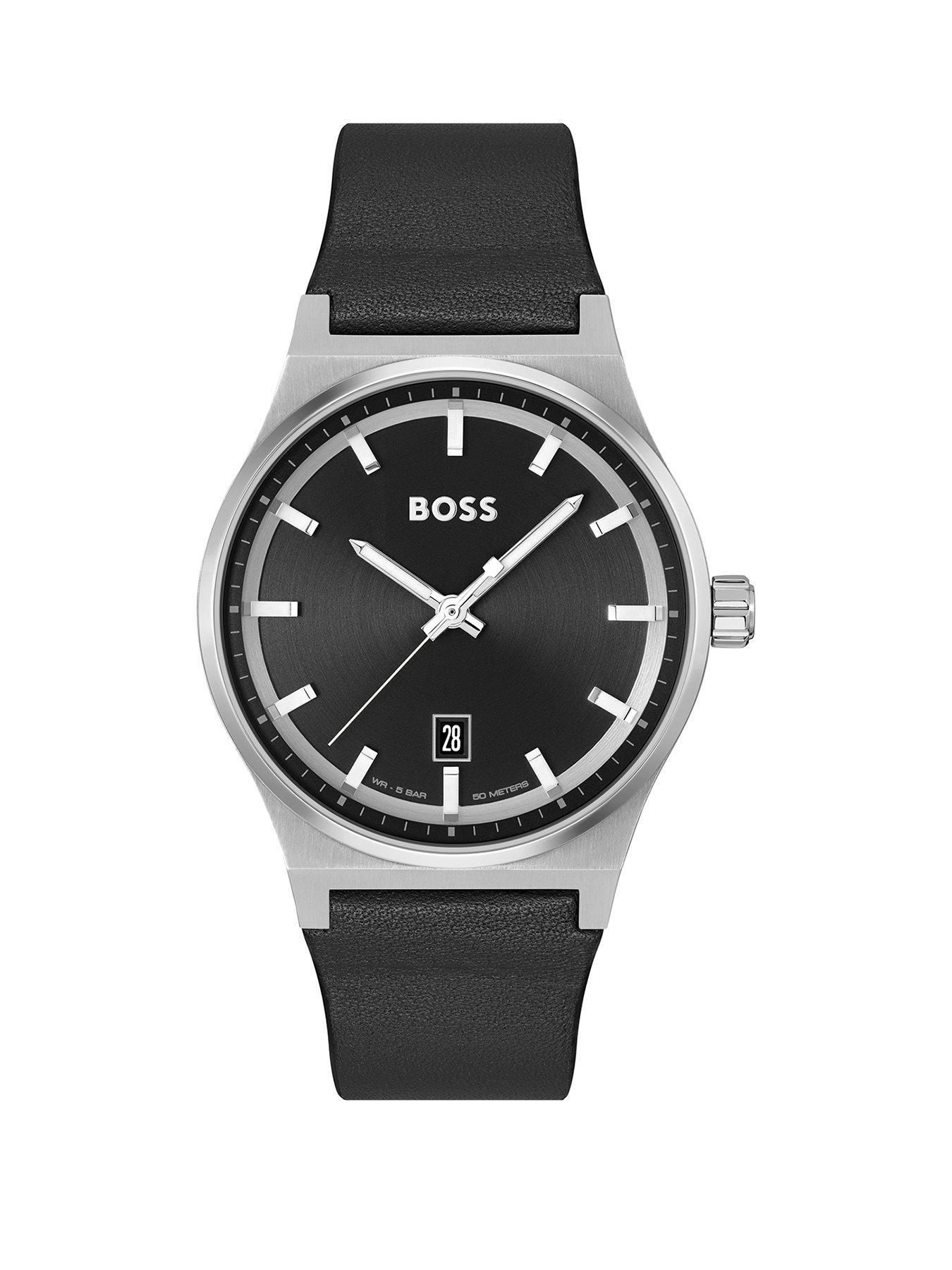 Product photograph of Boss Gents Boss Candor Black Leather Strap Watch from very.co.uk