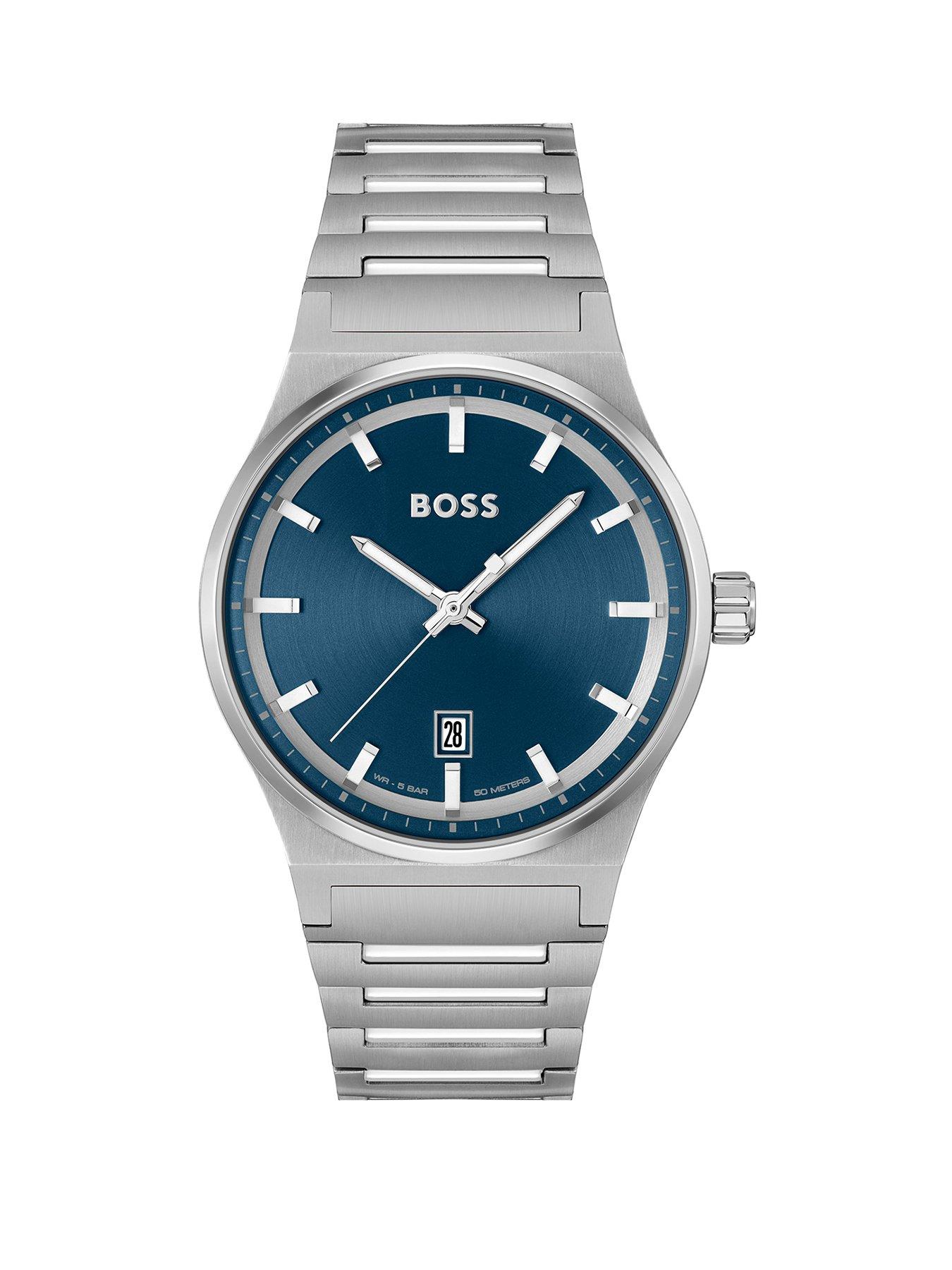 Product photograph of Boss Gents Boss Candor Stainless Steel Bracelet Watch With Blue Dial from very.co.uk