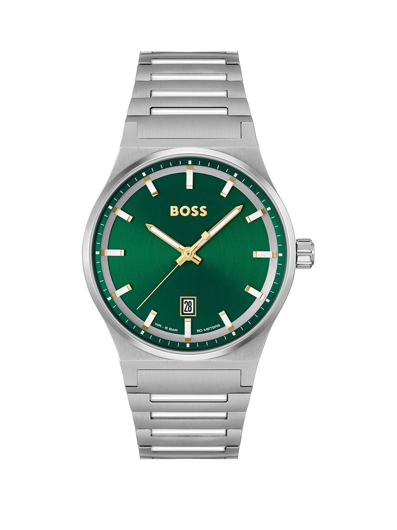 Product photograph of Boss Gents Boss Candor Stainless Steel Bracelet Watch With Green Dial from very.co.uk