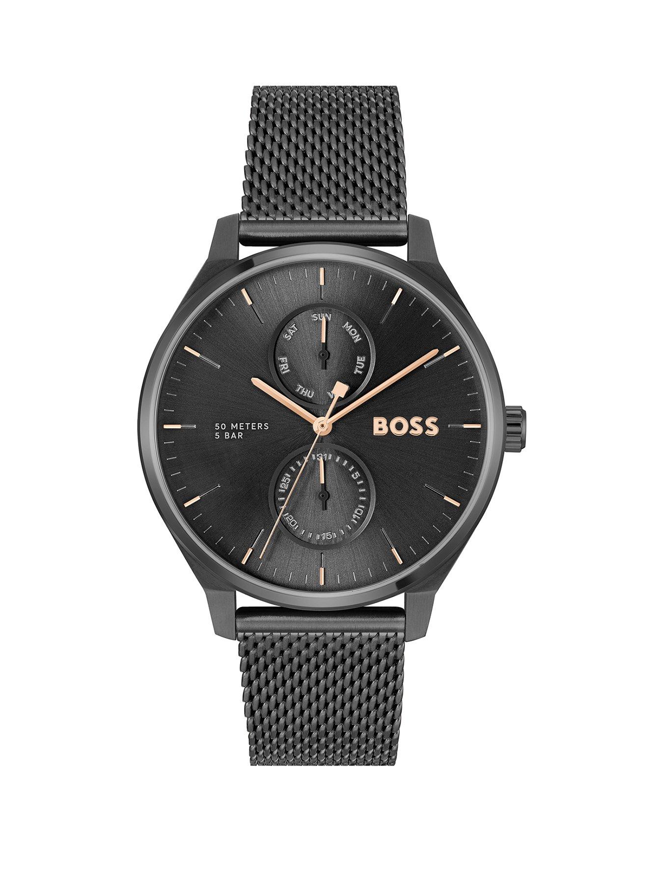 Product photograph of Boss Gents Tyler Black Ip Stainless Steel Mesh Bracelet Watch from very.co.uk