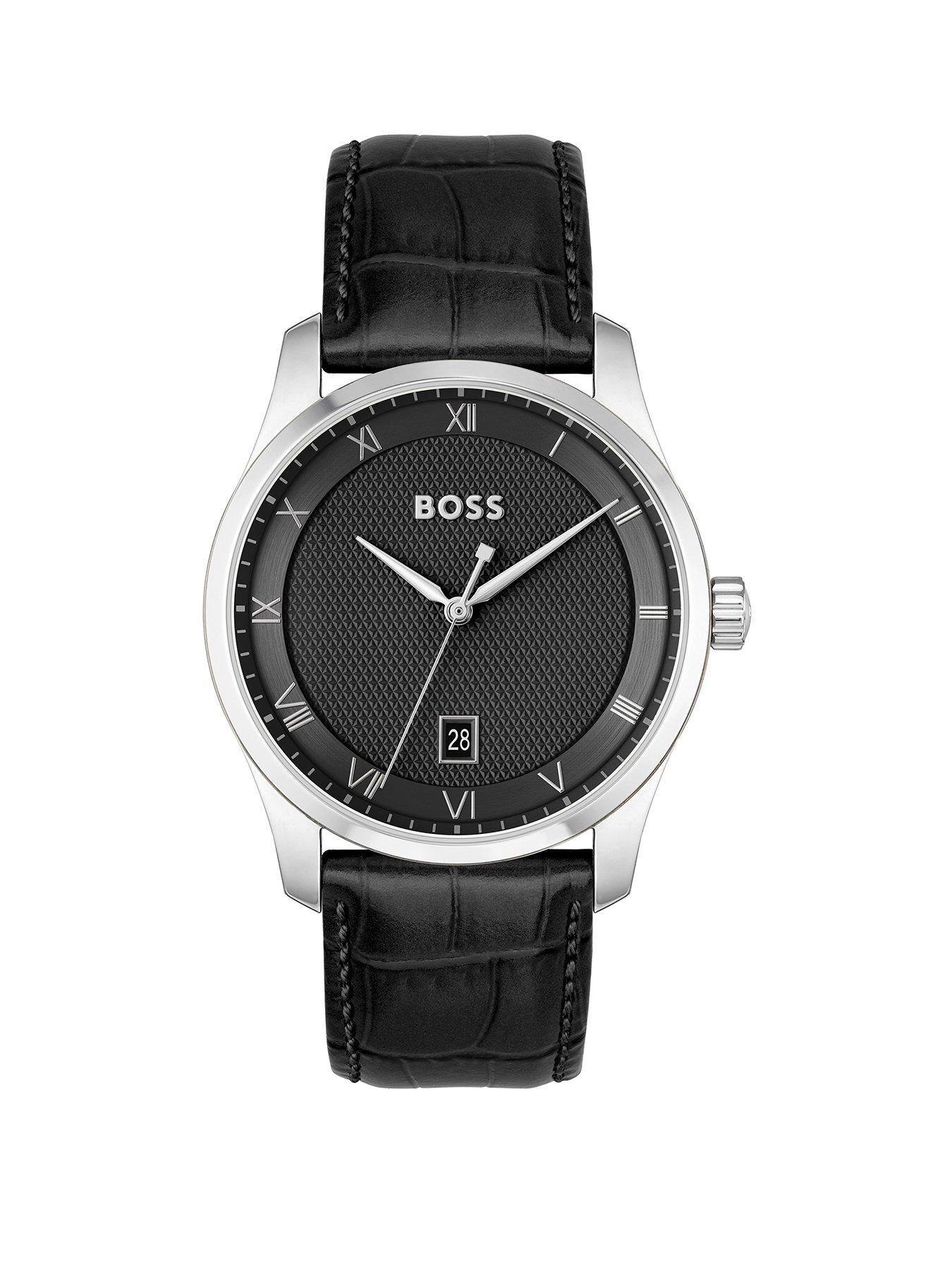 Product photograph of Boss Gents Boss Principle Black Leather Strap Watch from very.co.uk
