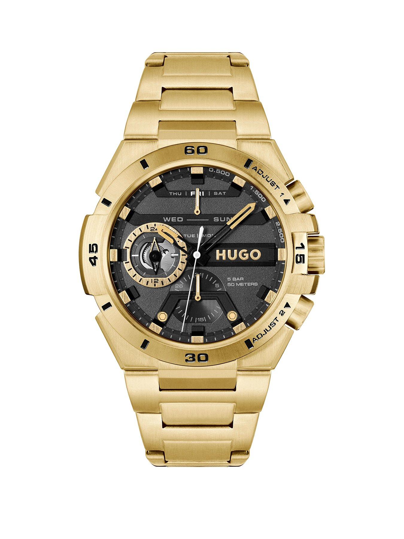 Product photograph of Hugo Gents Hugo Wild Light Yellow Gold Ip Multifunction Watch from very.co.uk