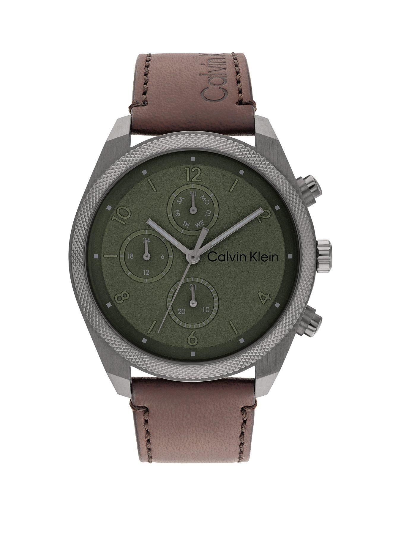 Product photograph of Calvin Klein Men S Calvin Klein Brown Leather Strap Watch from very.co.uk