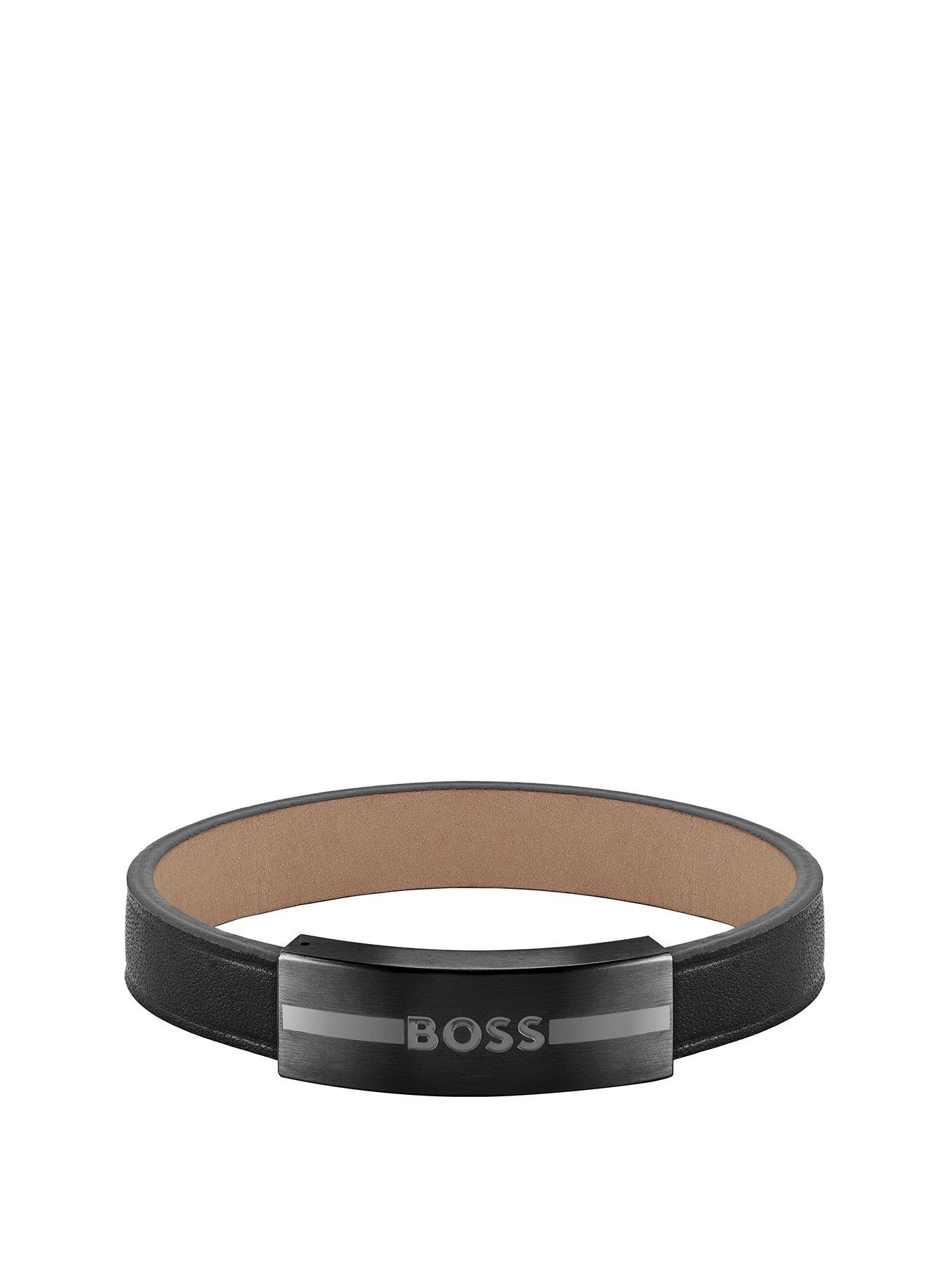Product photograph of Boss Gents Boss Luke Black Leather Strap Bracelet from very.co.uk