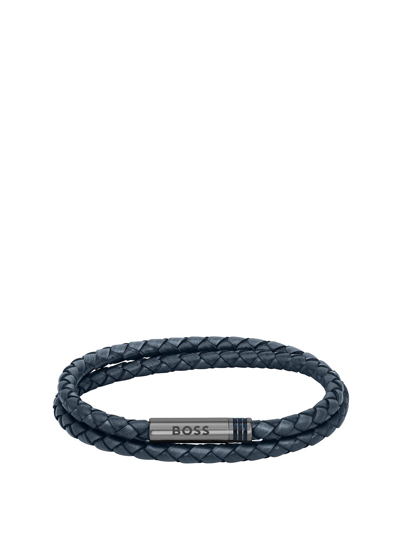 Product photograph of Boss Gents Ares Navy Blue Double Wrap Leather Bracelet from very.co.uk