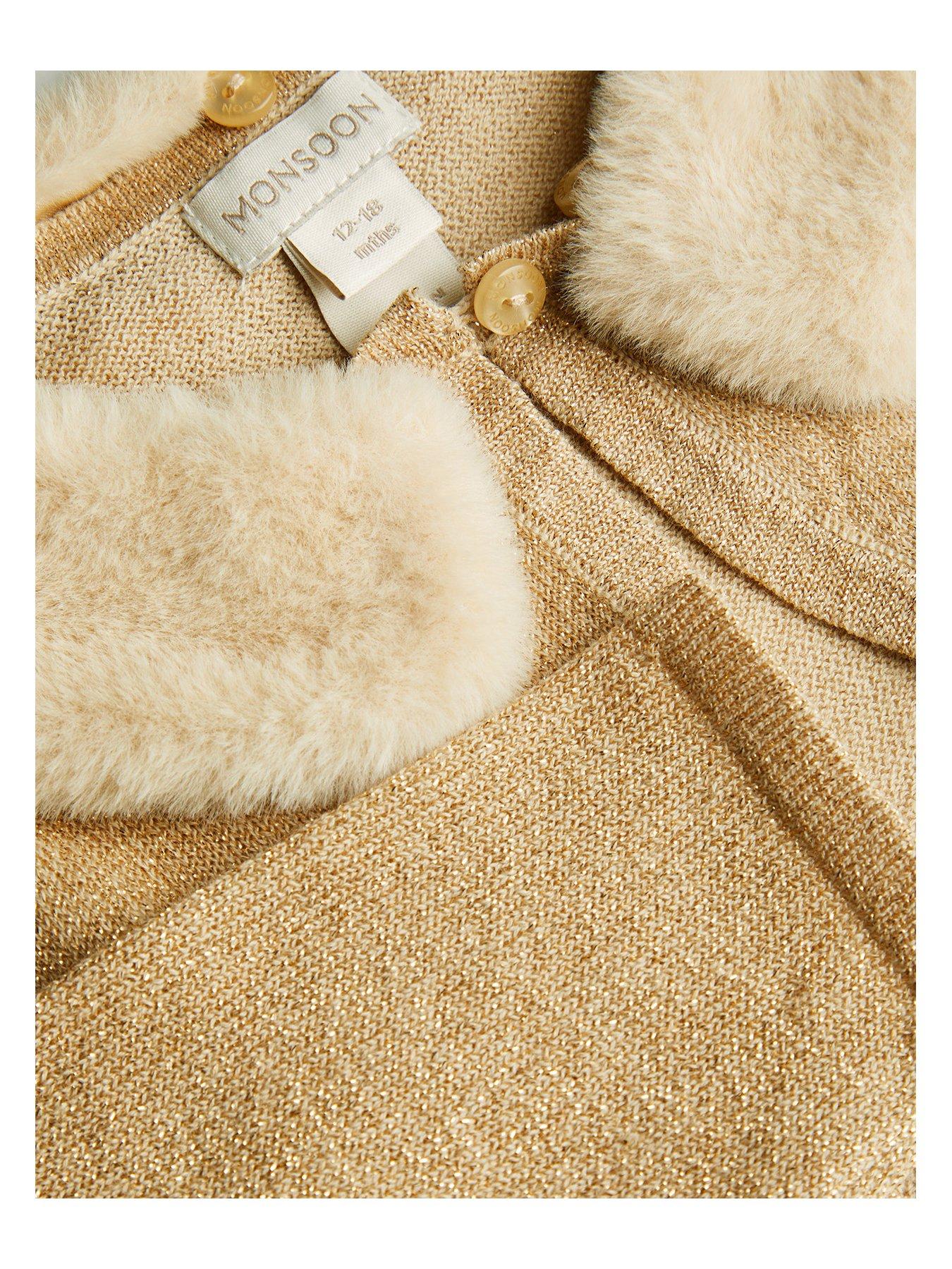 Monsoon Baby Girls Faux Fur Collar Cardigan Gold Very