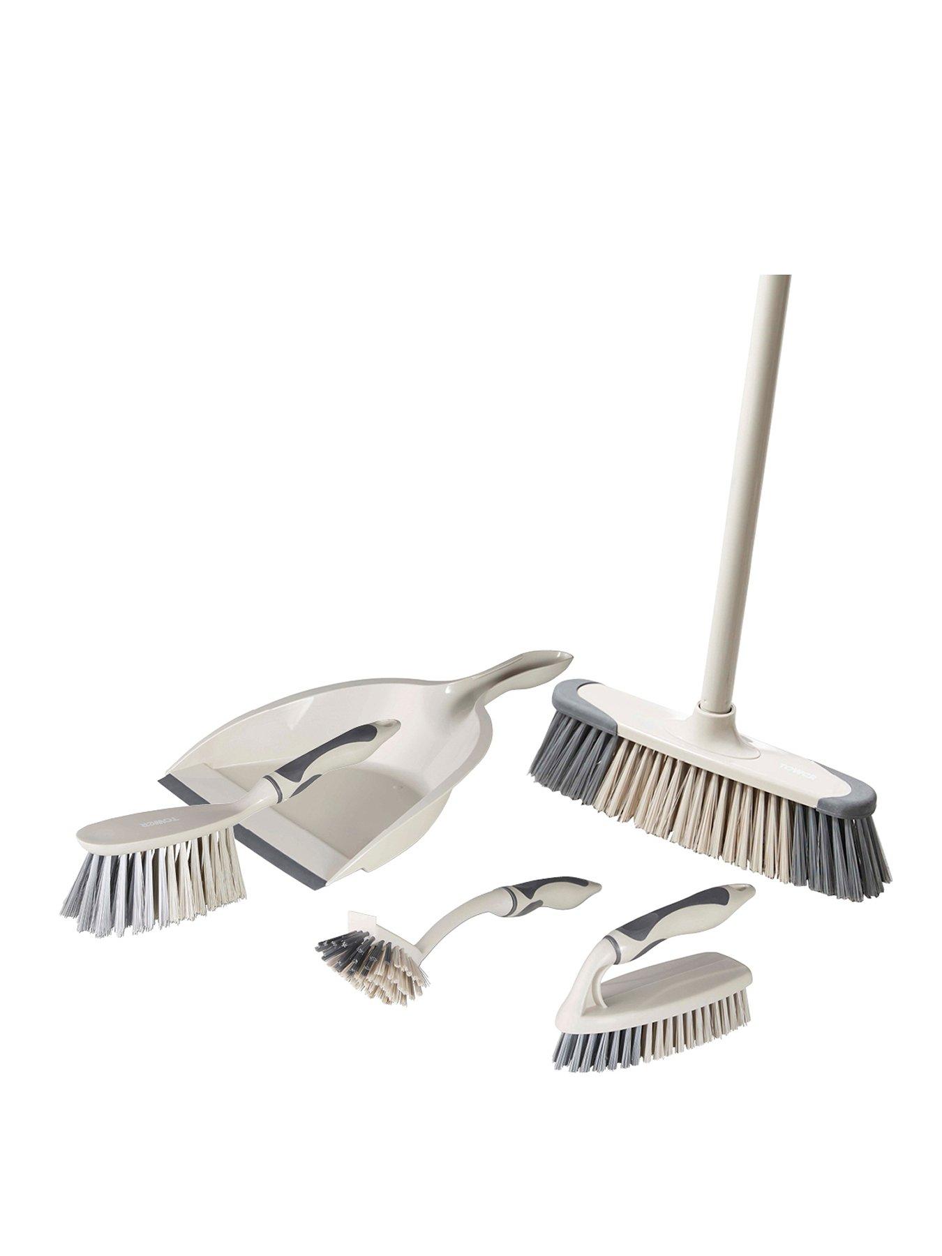 Tower T769002MSH 5-in-1 Cleaning Set with Dust Pan and Brush/Kitchen Broom/Dish Brush/Scrub Brush, Latte  &  Grey