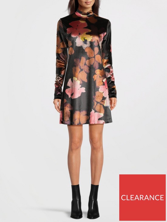 front image of ps-paul-smith-long-sleeve-floral-velour-dress-dark-rust