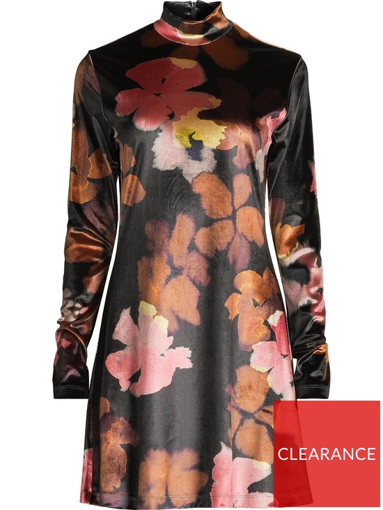 back image of ps-paul-smith-long-sleeve-floral-velour-dress-dark-rust