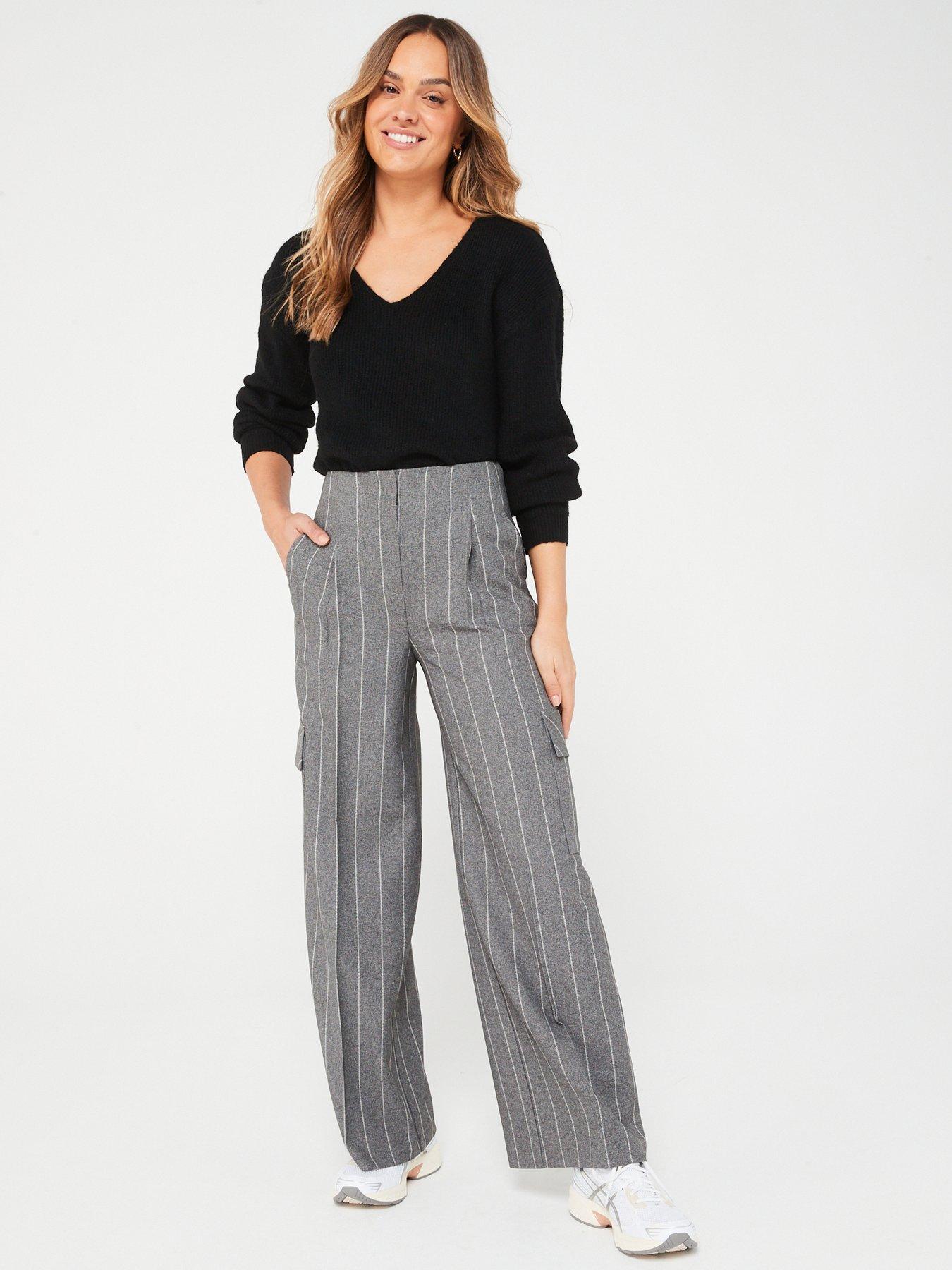 Image 1 of 6 of V by Very Wide Leg&nbsp;Pinstripe Cargo Trouser - Grey