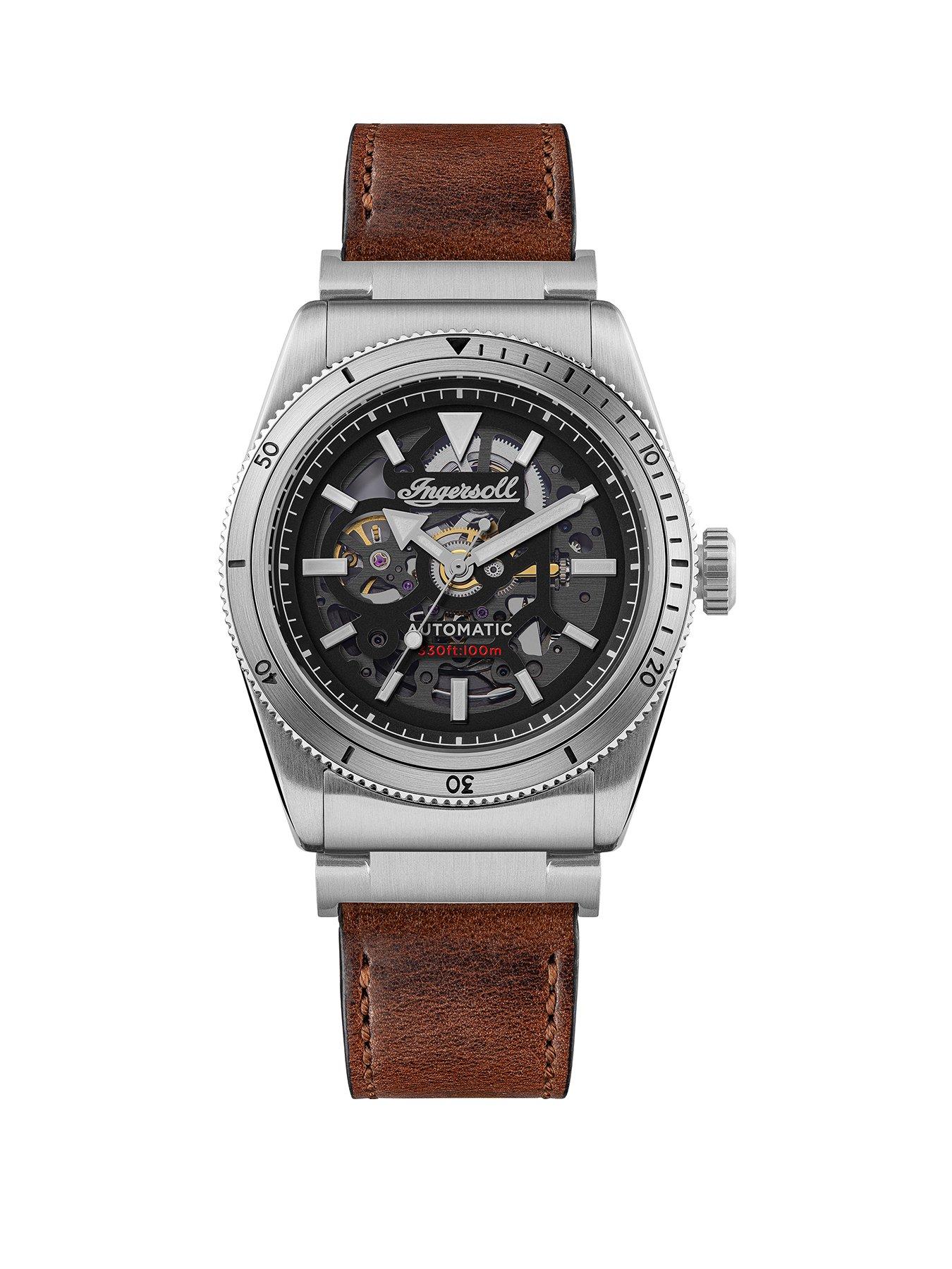 Product photograph of Ingersoll 1892 The Scovill Automatic Mens Watch Black Dial And Brown Leather Strap from very.co.uk