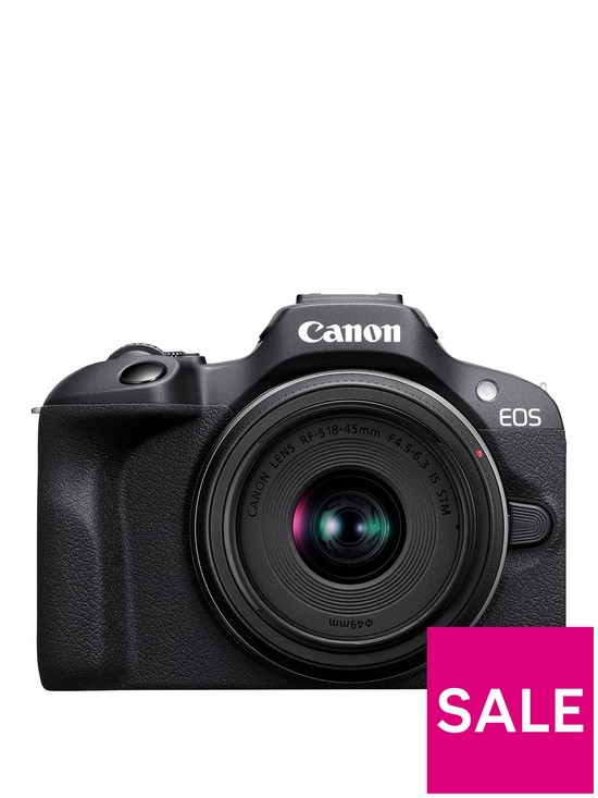 front image of canon-eos-r100-aps-c-mirrorless-camera-inc-rf-s-18-45mm-lens-black