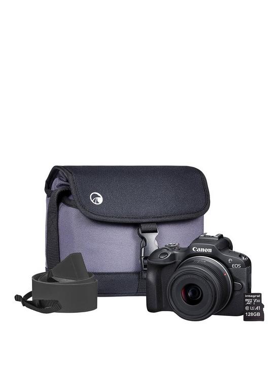 front image of canon-eos-r100-aps-c-mirrorless-camera-kit-inc-rf-s-18-45mm-lens-128gb-sd-card-neck-strap-and-case-black