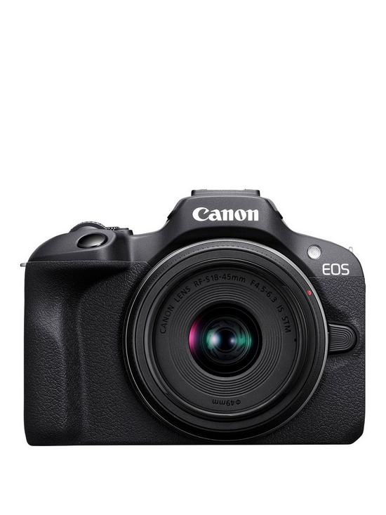 stillFront image of canon-eos-r100-aps-c-mirrorless-camera-kit-inc-rf-s-18-45mm-lens-128gb-sd-card-neck-strap-and-case-black