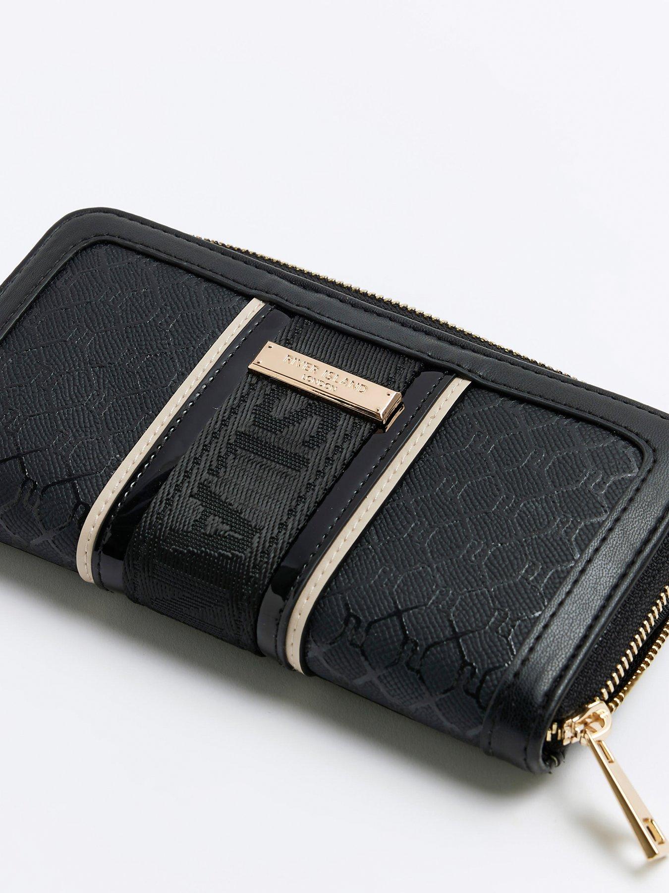 River Island embossed monogram mini zip wallet in black