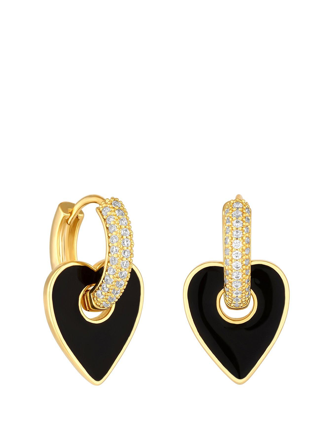 undefined Gold Plated Cubic Zirconia And Jet Enamel Heart Earrings