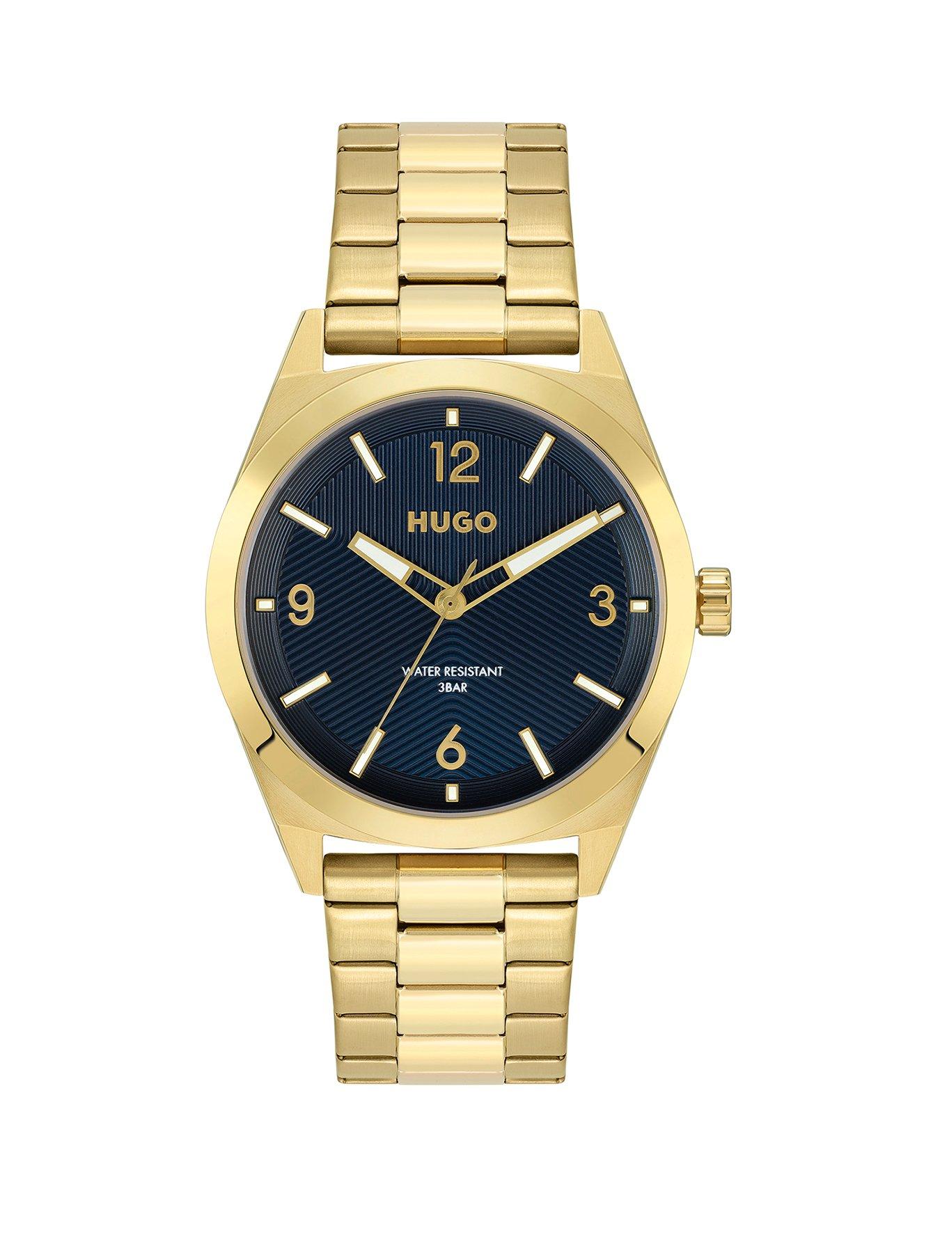 Product photograph of Hugo Blue Dial Gold Tone Stainless Steel Bracelet Mens Watch from very.co.uk