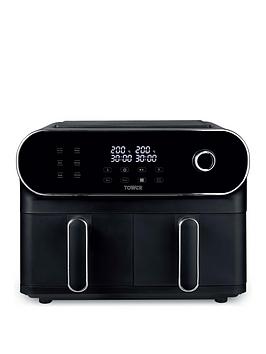 Tower T17144 Vortx 10.4L Duo Basket Air Fryer With Smart Finish, 1700W, Black With Chrome Accents
