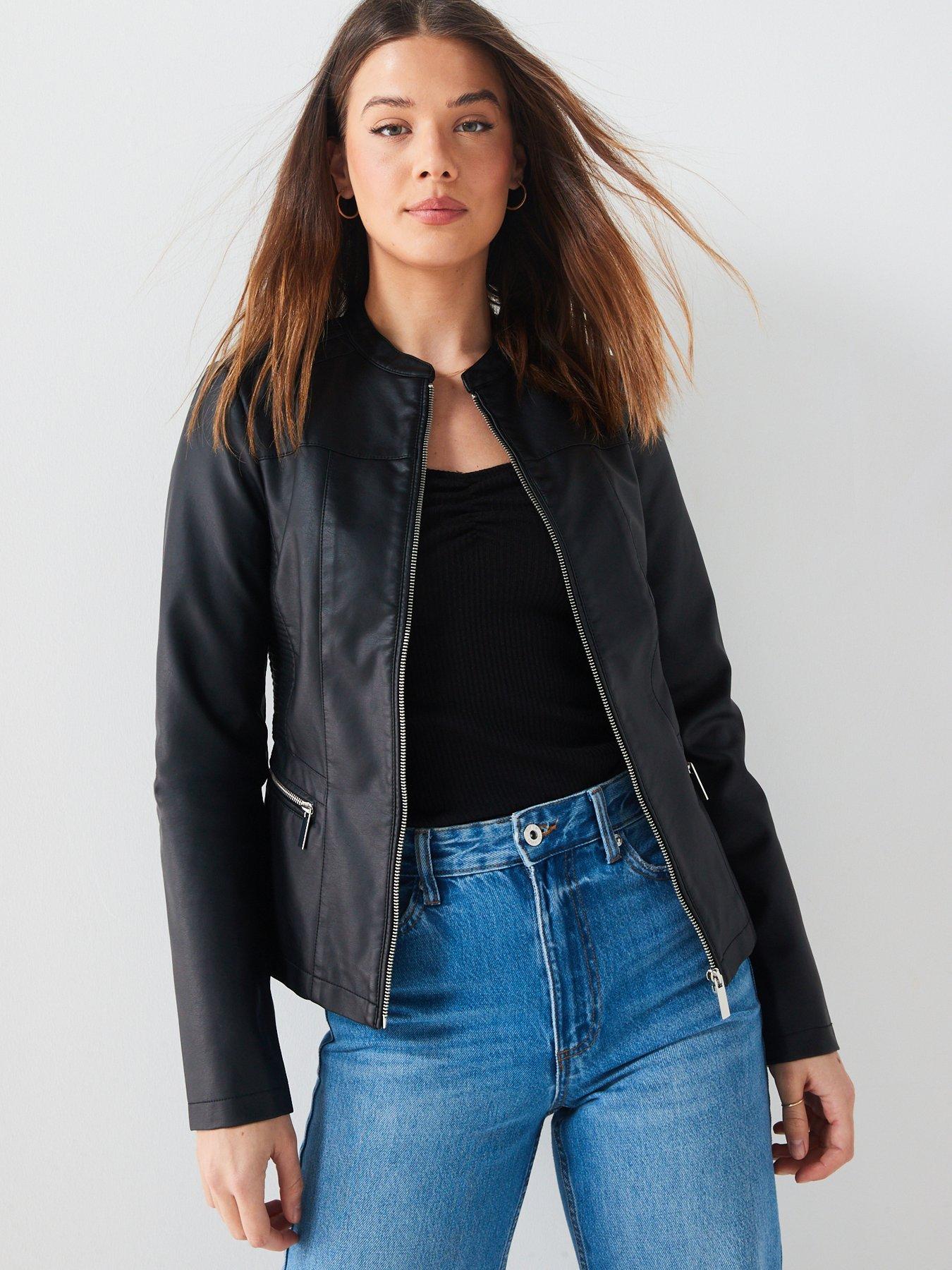 Black collarless faux leather jacket hotsell