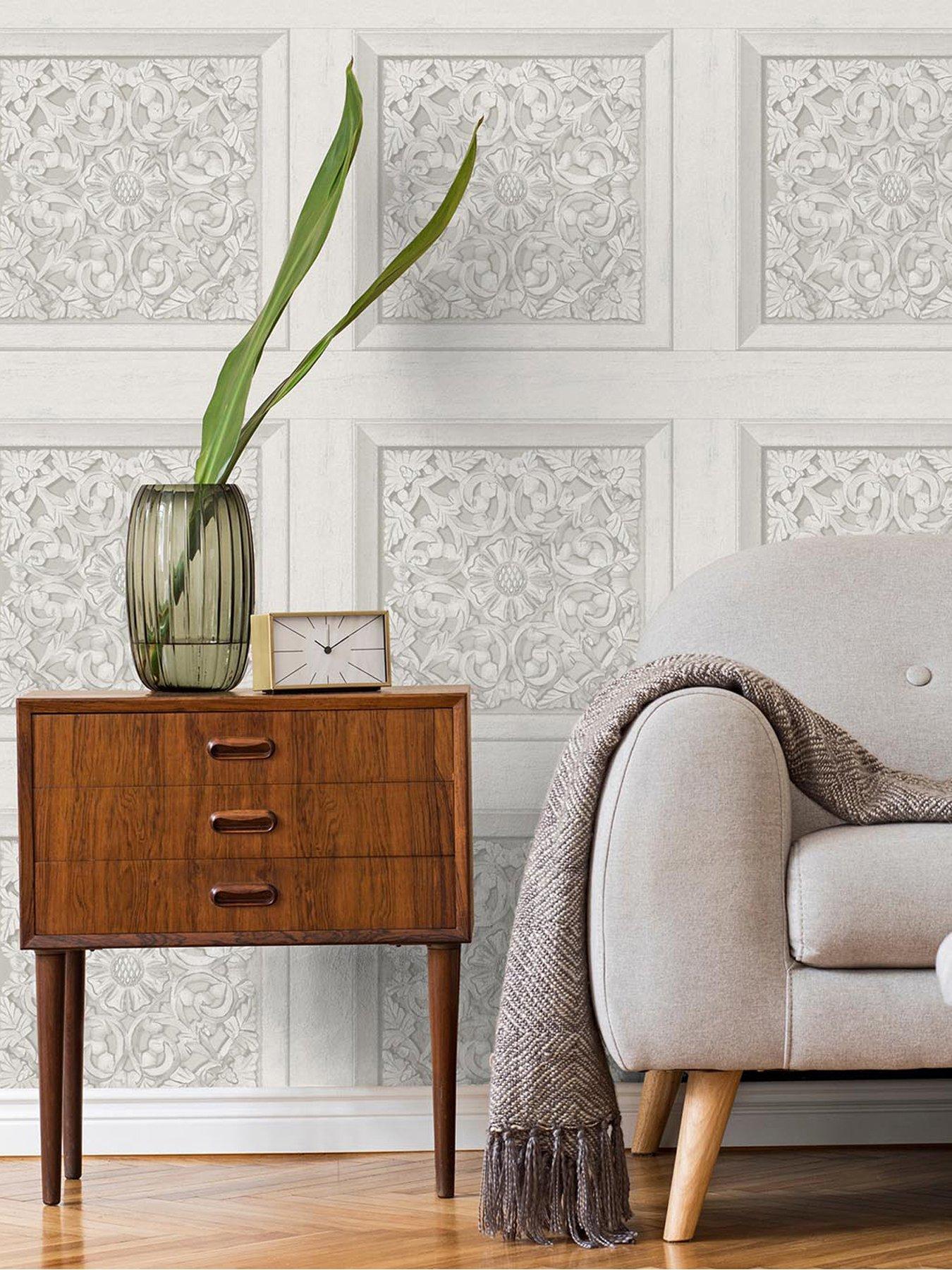 Product photograph of Fine Decor Carved Panel Wallpaper - Grey from very.co.uk