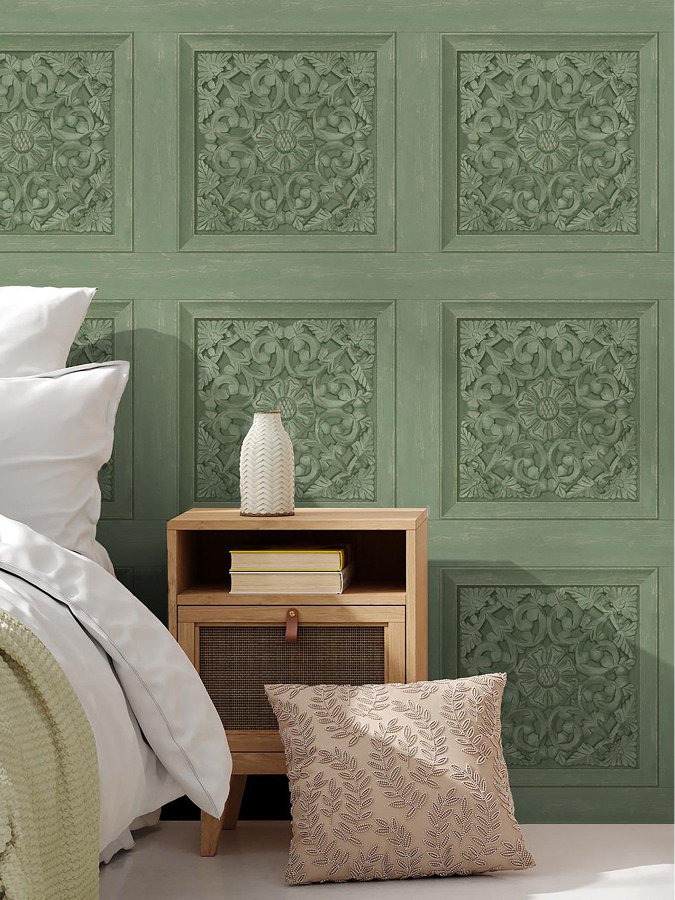 Product photograph of Fine Decor Carved Panel Wallpaper - Sage from very.co.uk