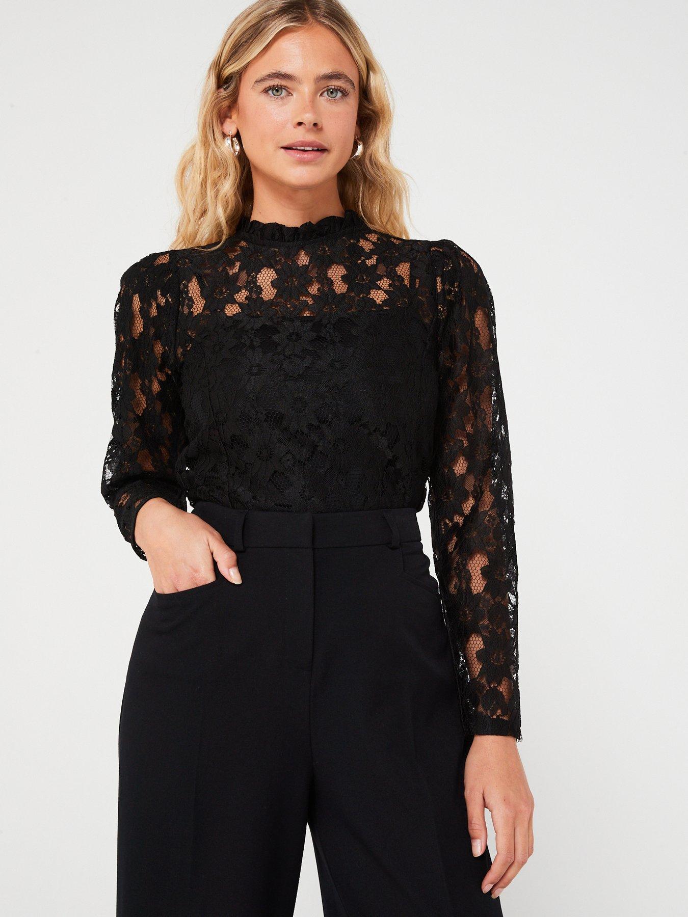 V by Very Lace High Neck Puff Sleeve Top Black