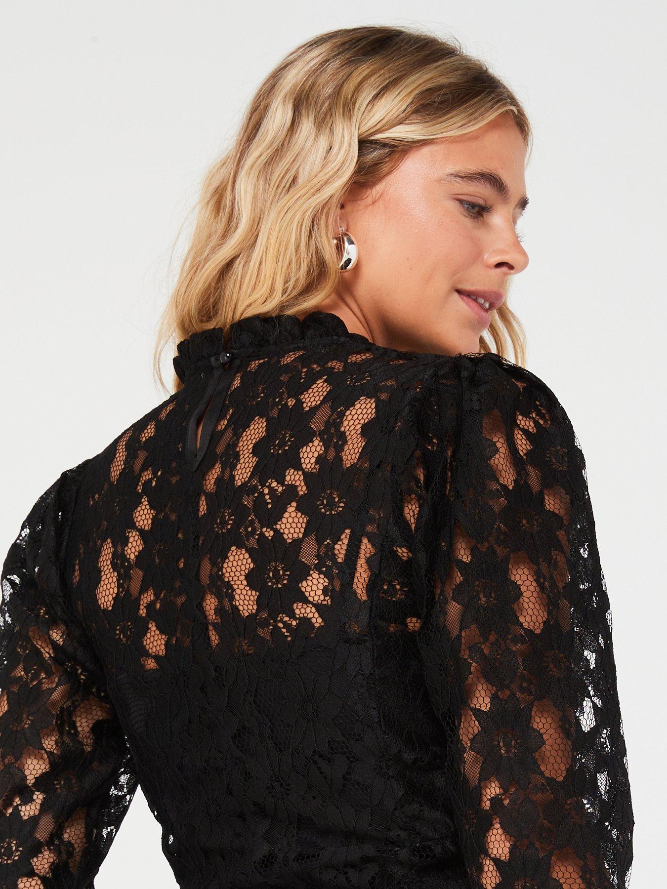 Black lace puff sleeve top hotsell