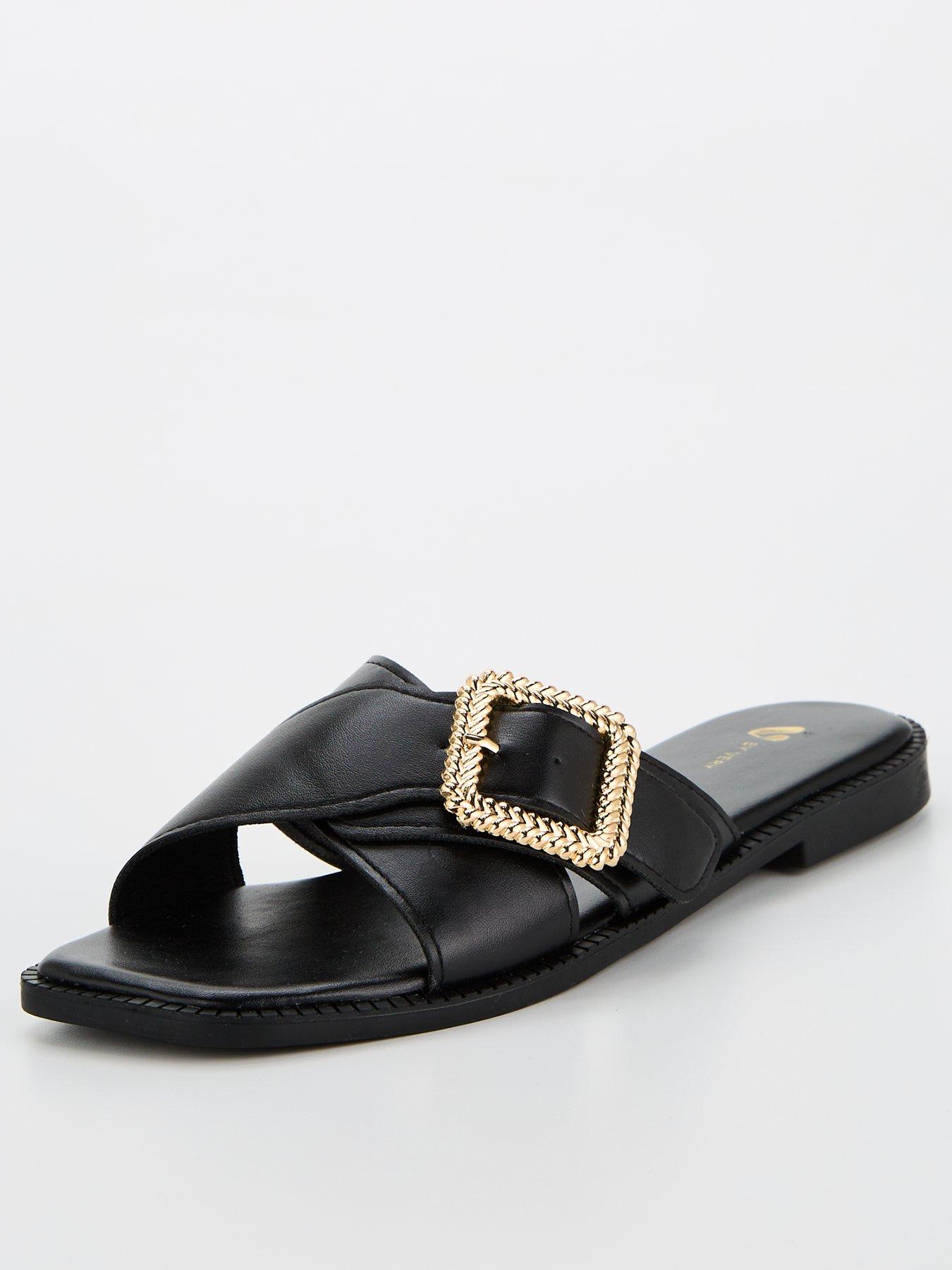 V by Very Wide Fit Cross Strap Flat Sandal - Black, Black, Size 5Ee, Women