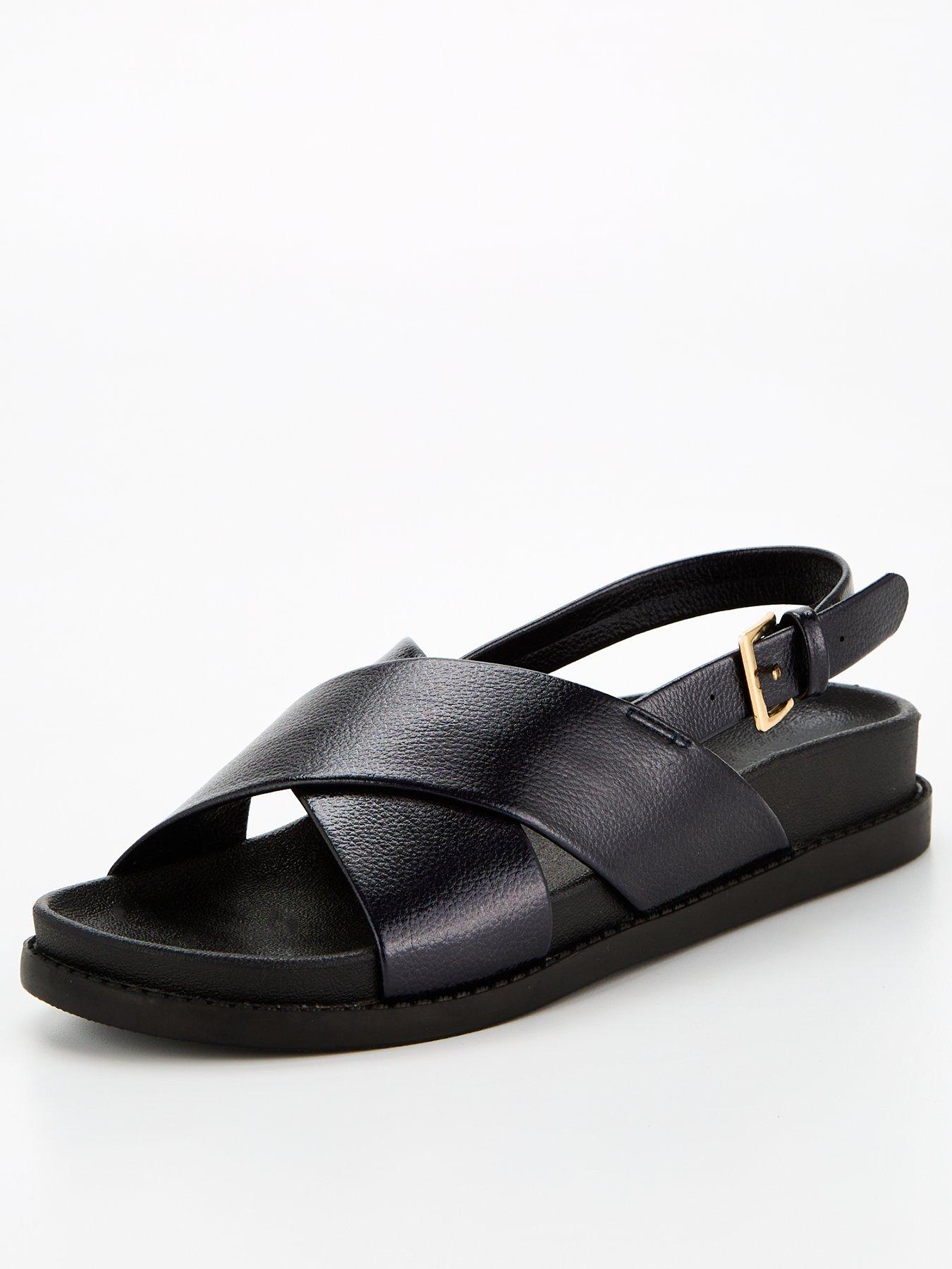 V by Very Extra Wide Fit Cross Strap Flat Sandal - Black, Black, Size 6Eee, Women