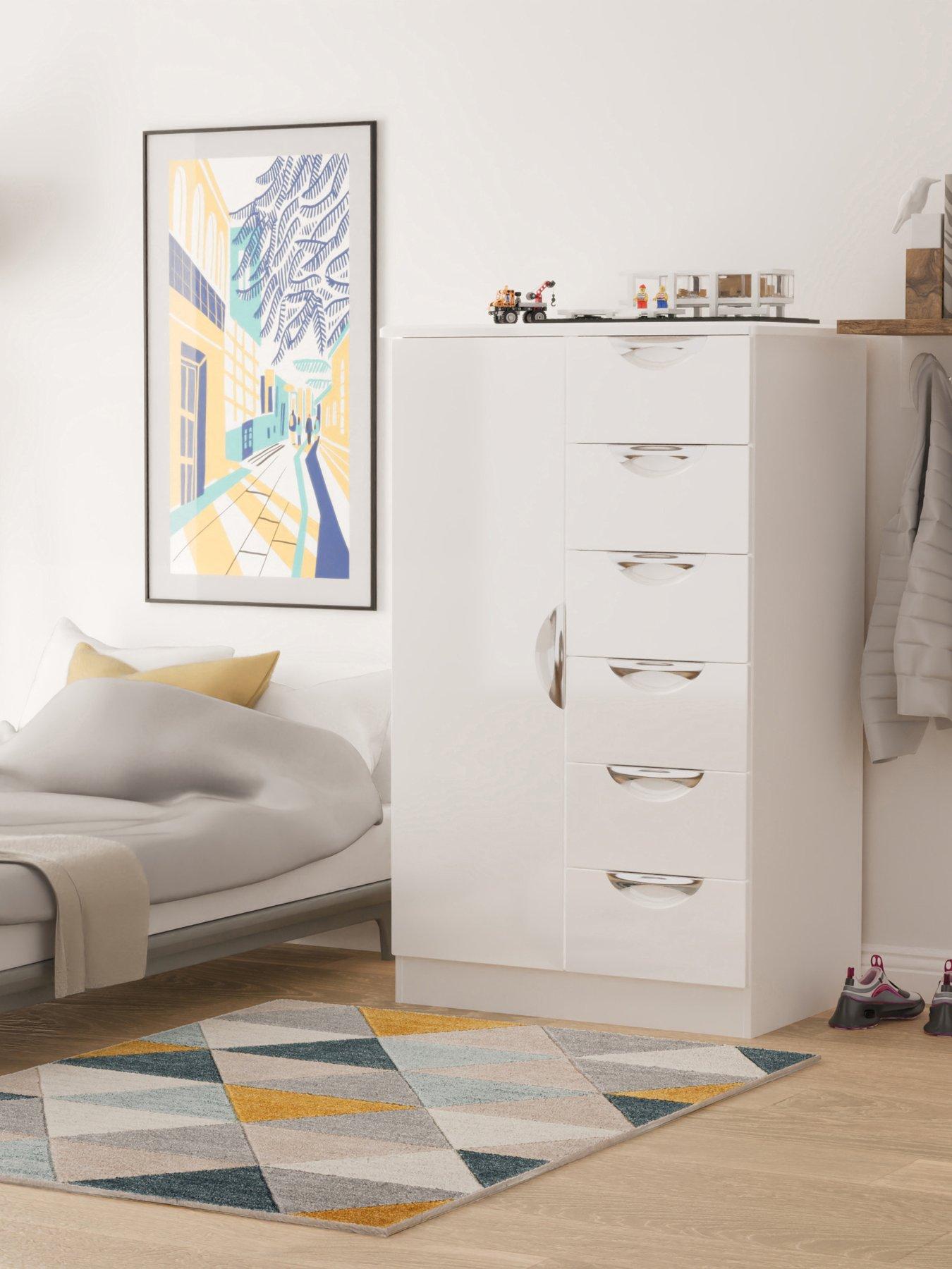 Product photograph of Swift Alva Ready Assembled 1 Door 6 Drawer Gloss Compact Midi Wardrobe - White from very.co.uk