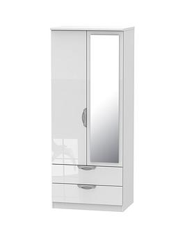 Swift Alva Ready Assembled 2 Door, 2 Drawer Gloss Mirrored Wardrobe - White