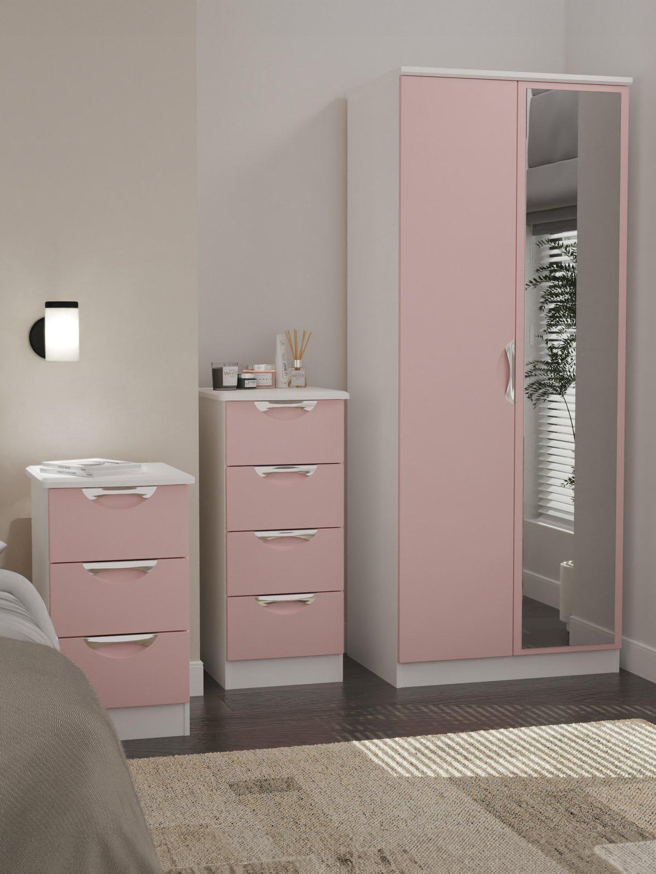 Image of SWIFT Alva Ready Assembled 3 Piece Package - 2 Door Wardrobe, 4 Drawer Chest and a Bedside Chest - Pink