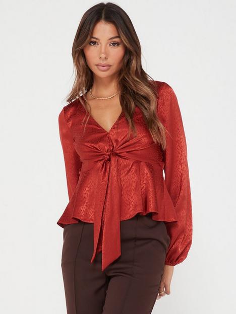 v-by-very-jacquard-tie-detail-blouse-brown