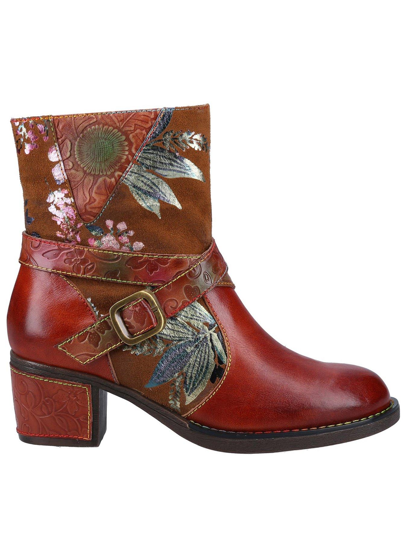 Riva Aisha Floral Painted Buckle Ankle Boots - Brown