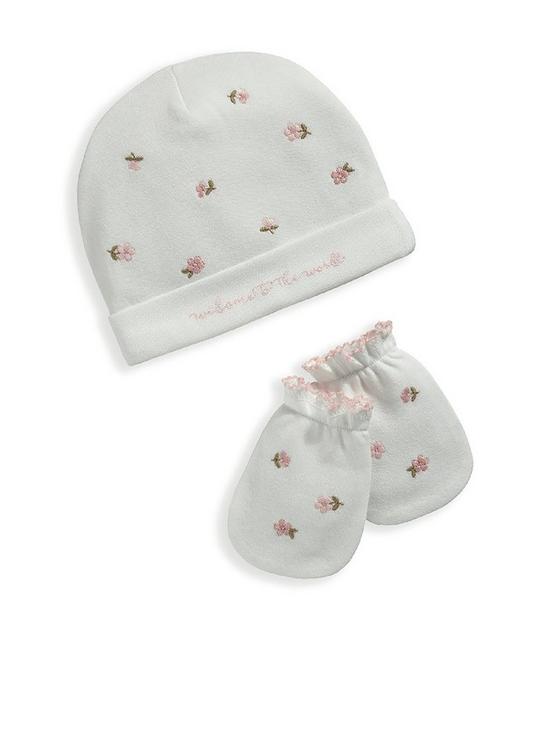 front image of mamas-papas-baby-girls-embroidered-hat-mitten-set-white