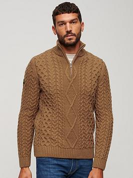 superdry vintage jacob cable knit henley jumper - brown