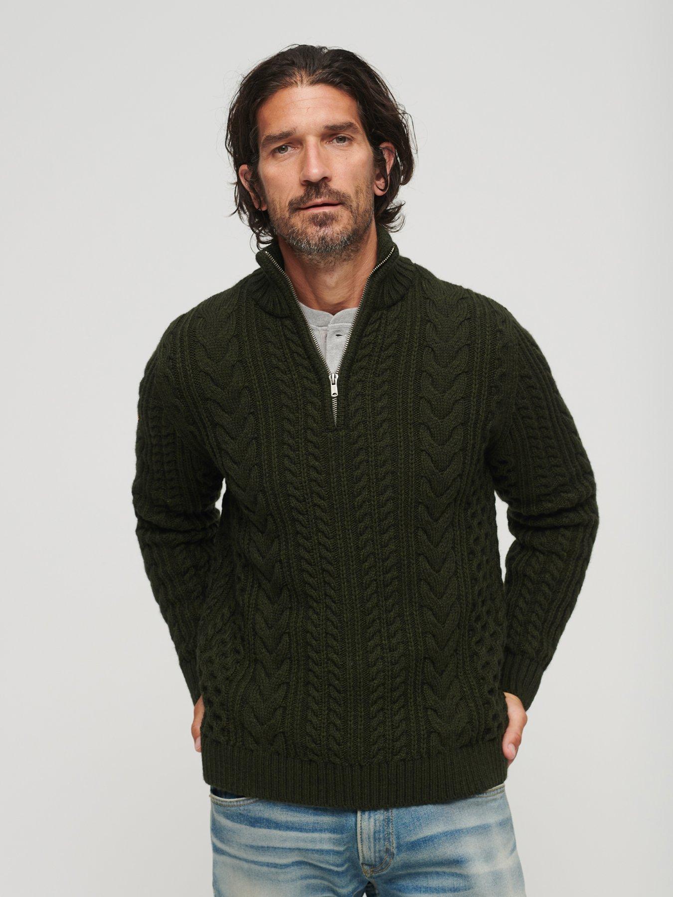 Superdry Vintage Jacob Cable Knit Henley Jumper Dark Green Uk