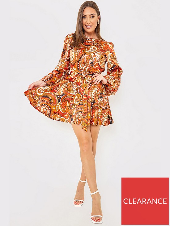 front image of in-the-style-paisley-print-belted-balloon-sleeve-skater-dress-black