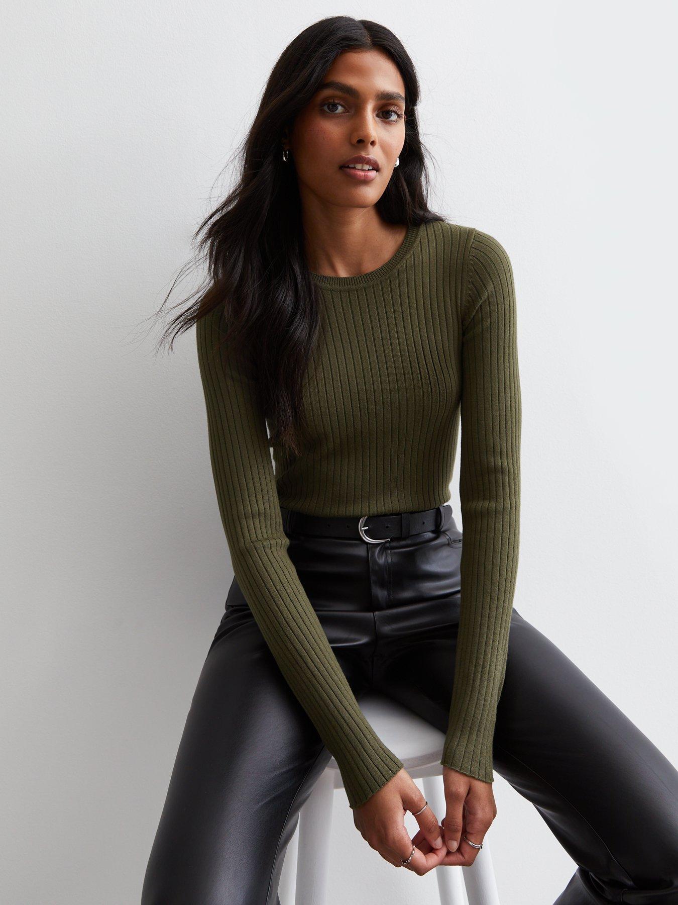 New Look Khaki Ribbed Knit Long Sleeve Top