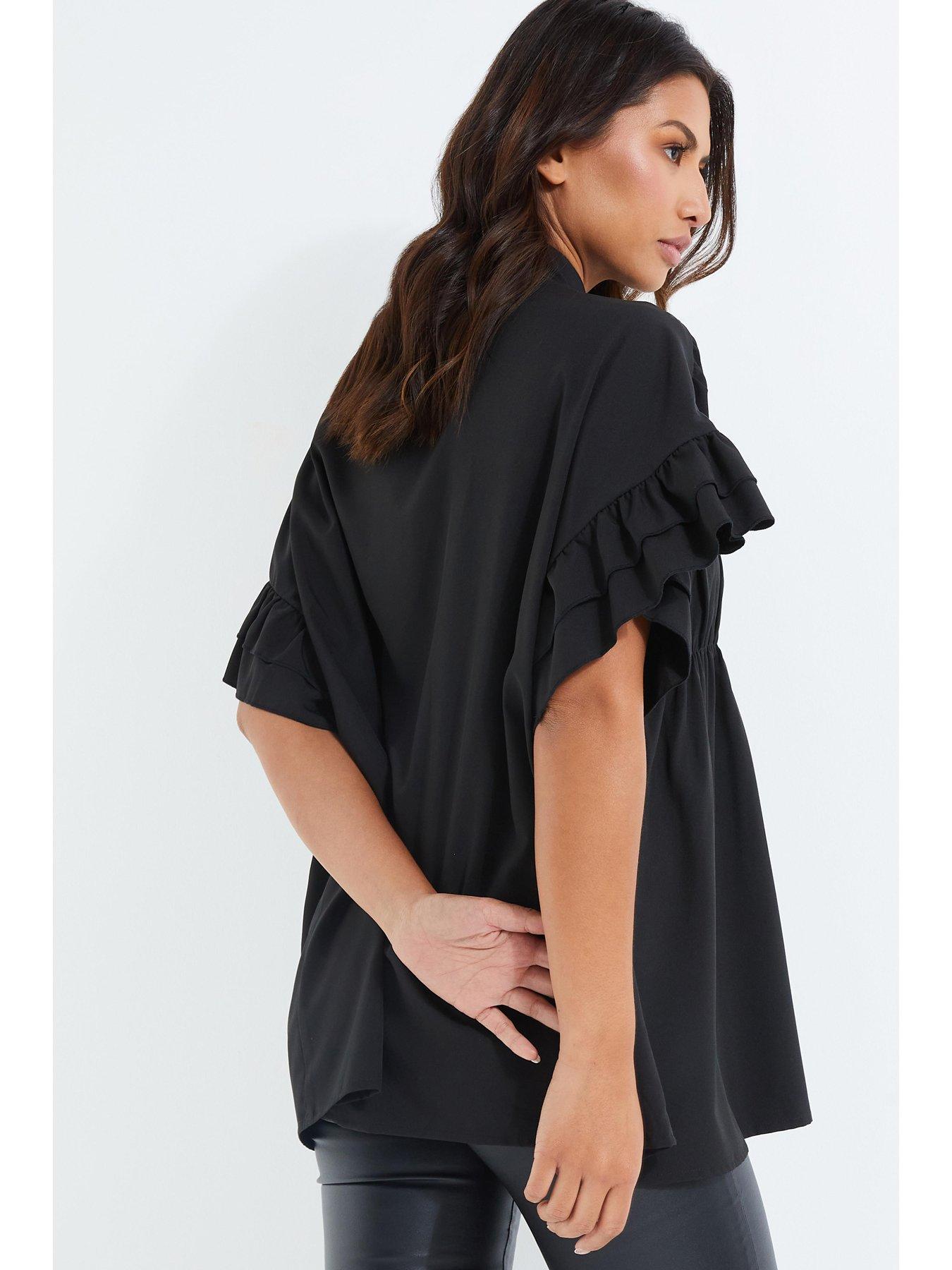 Quiz Button Detail Boxy Shirt Top With Frill Sleeve - Black | very.co.uk