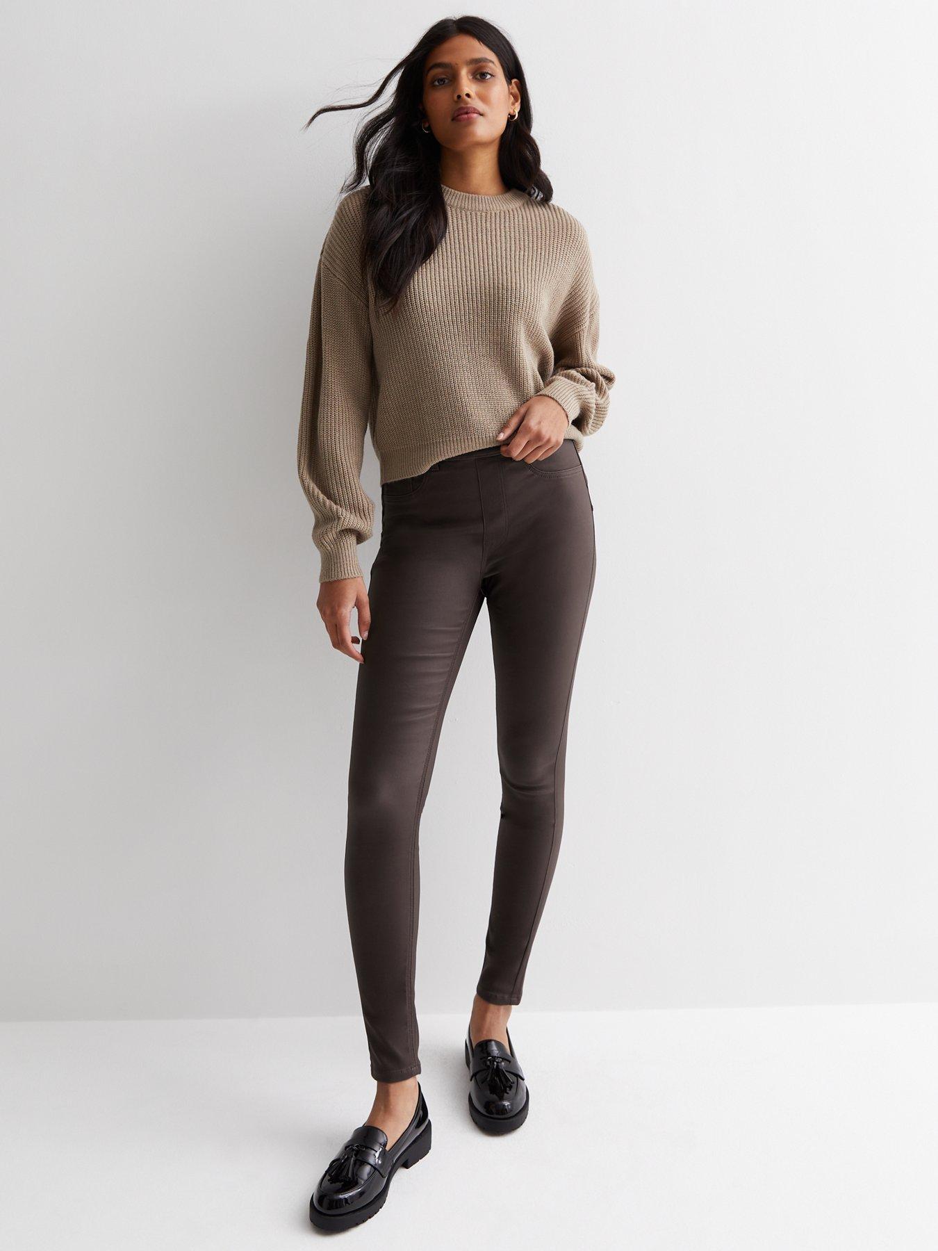 New Look Dark Brown Coated Leather-Look Mid Rise Lift & Shape Emilee  Jeggings