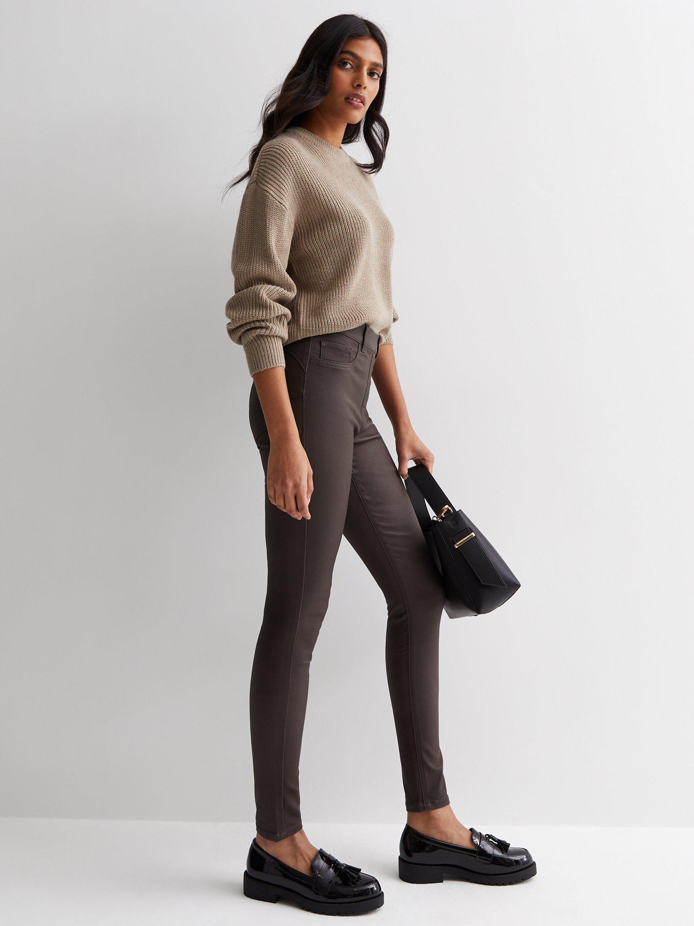 Dark Brown Coated Leather-Look Mid Rise Lift & Shape Emilee Jeggings