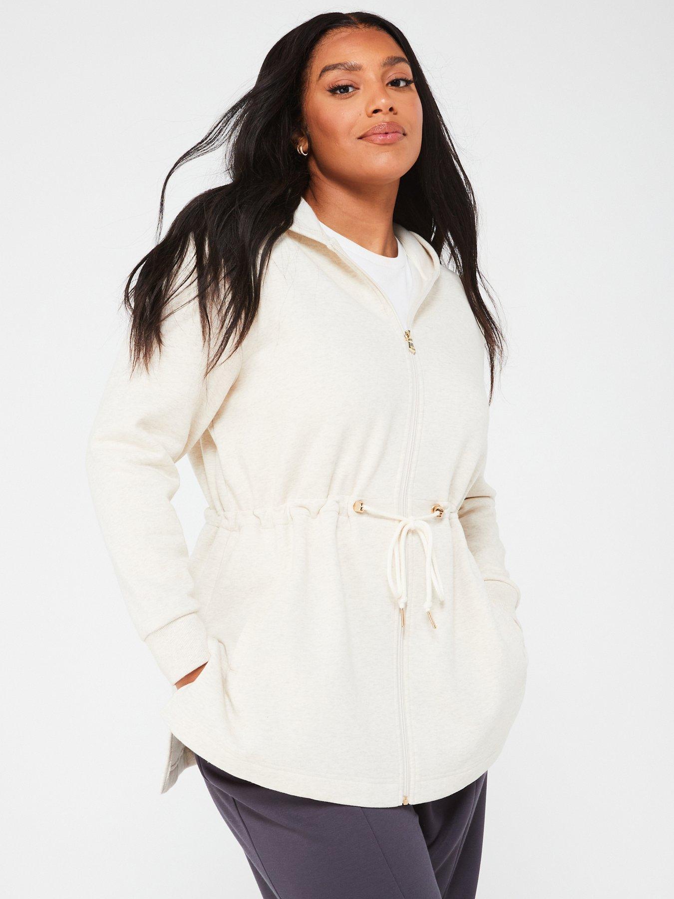 Premium Drawstring Waist Zip Through Hoodie Cream