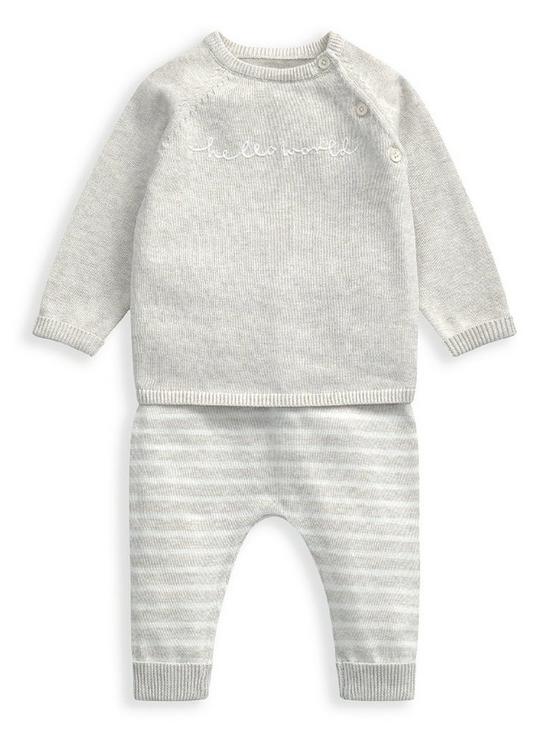front image of mamas-papas-unisex-baby-2-piece-hello-world-knitted-set-white