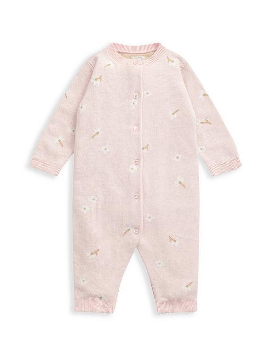 front image of mamas-papas-baby-girls-jacquard-knit-floral-romper-pink
