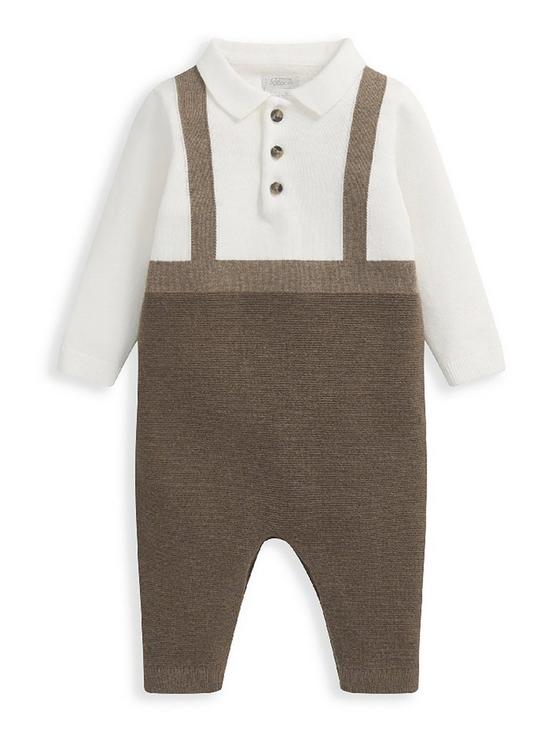 front image of mamas-papas-baby-boys-knitted-mock-romper-beige
