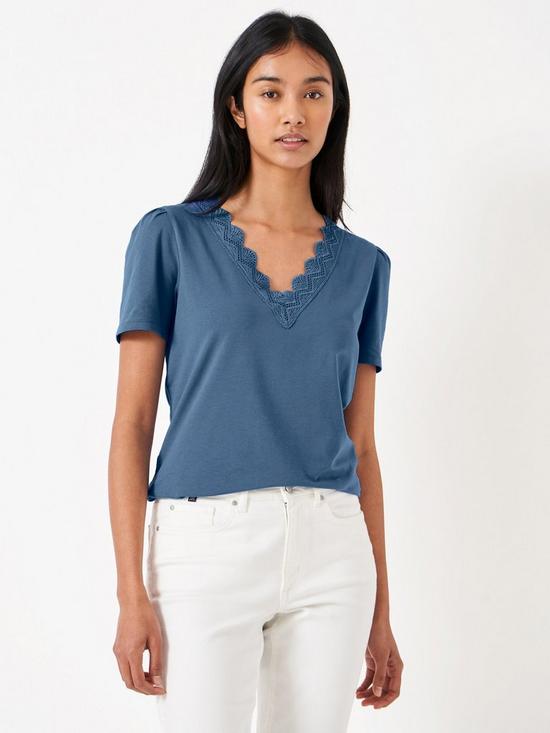 front image of crew-clothing-lace-insert-short-sleeve-top-blue