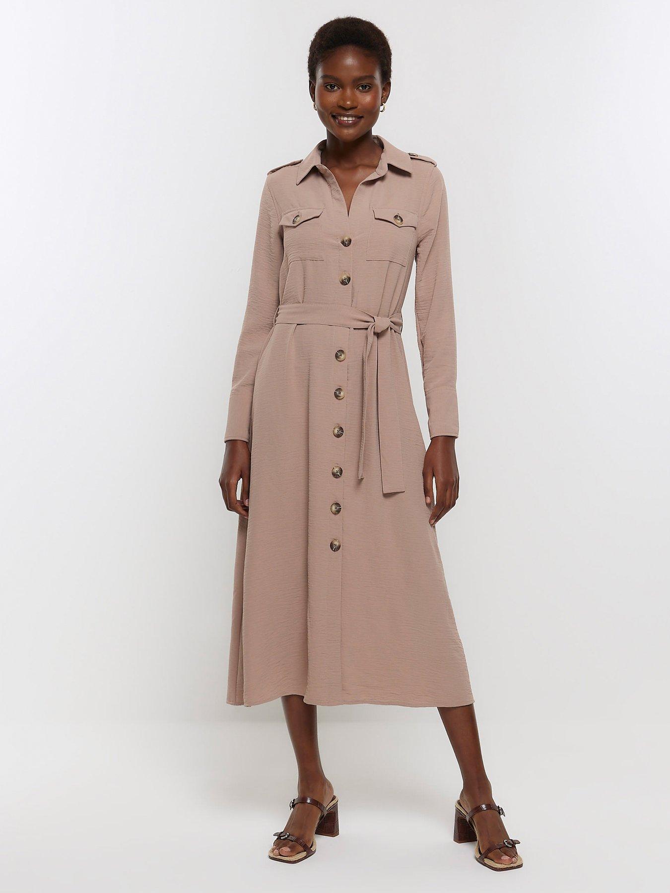 Sosandar Beige Faux Fur Leather Longline Shirt Dress