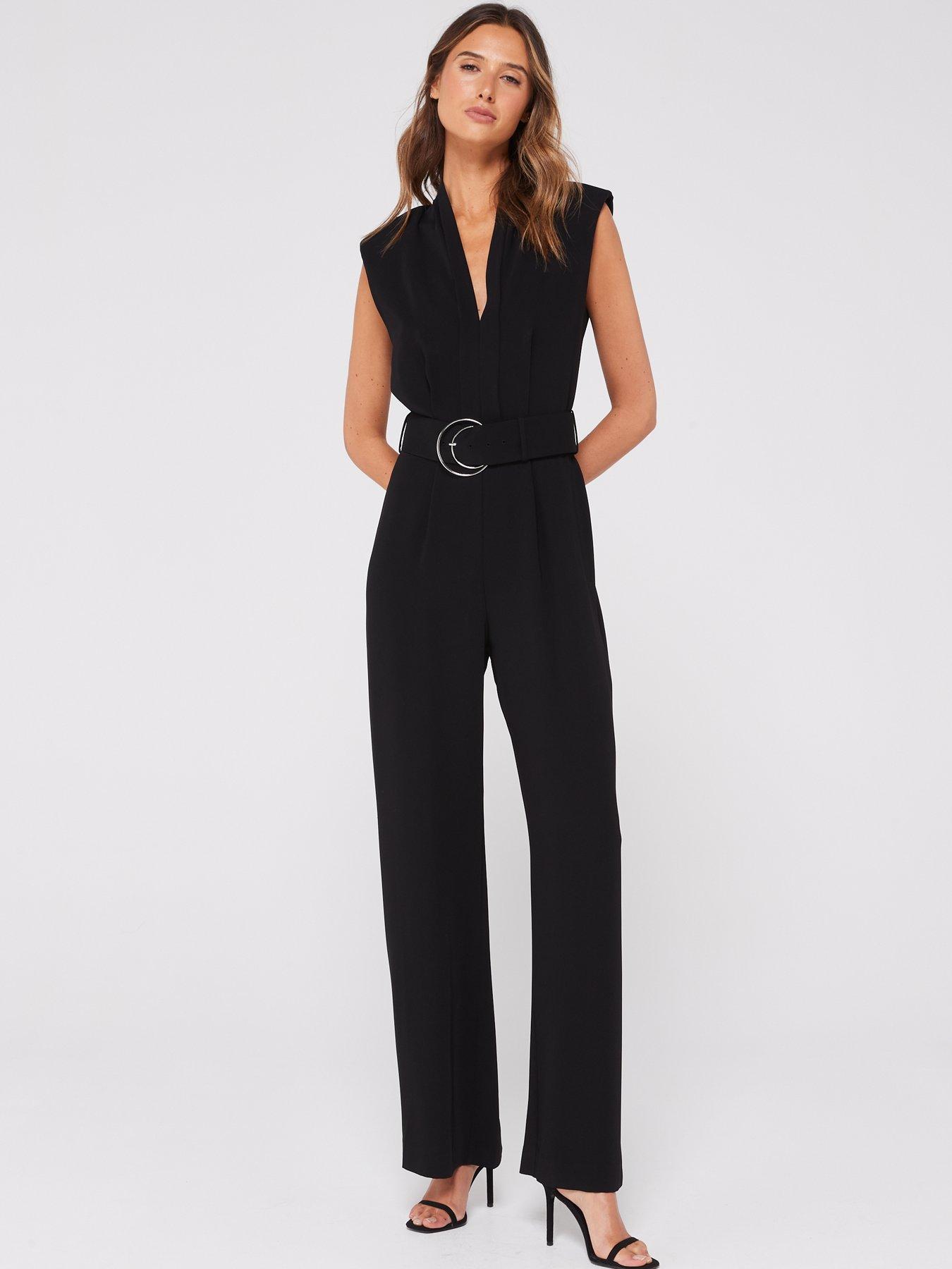 Calvin Klein Plus Size Velvet Bell-Sleeve Belted Wide-Leg Jumpsuit Black  18W